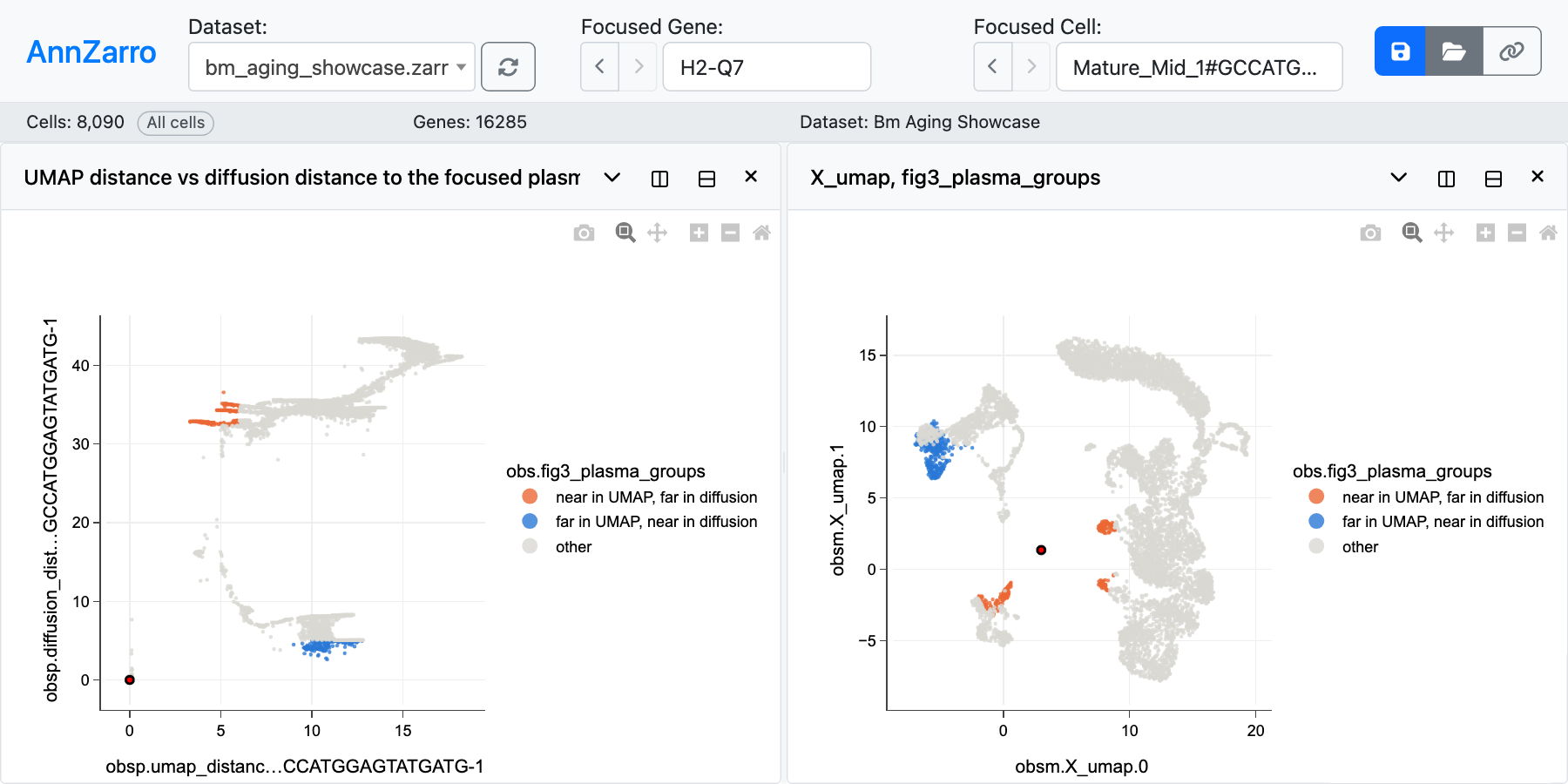 Two cell plots. Left, x is obsp umap_distance and y is obsp diffusion_distance for the focused plasma cell, points coloured by fig3_plasma_groups. Right, X_umap coloured by the same groups.