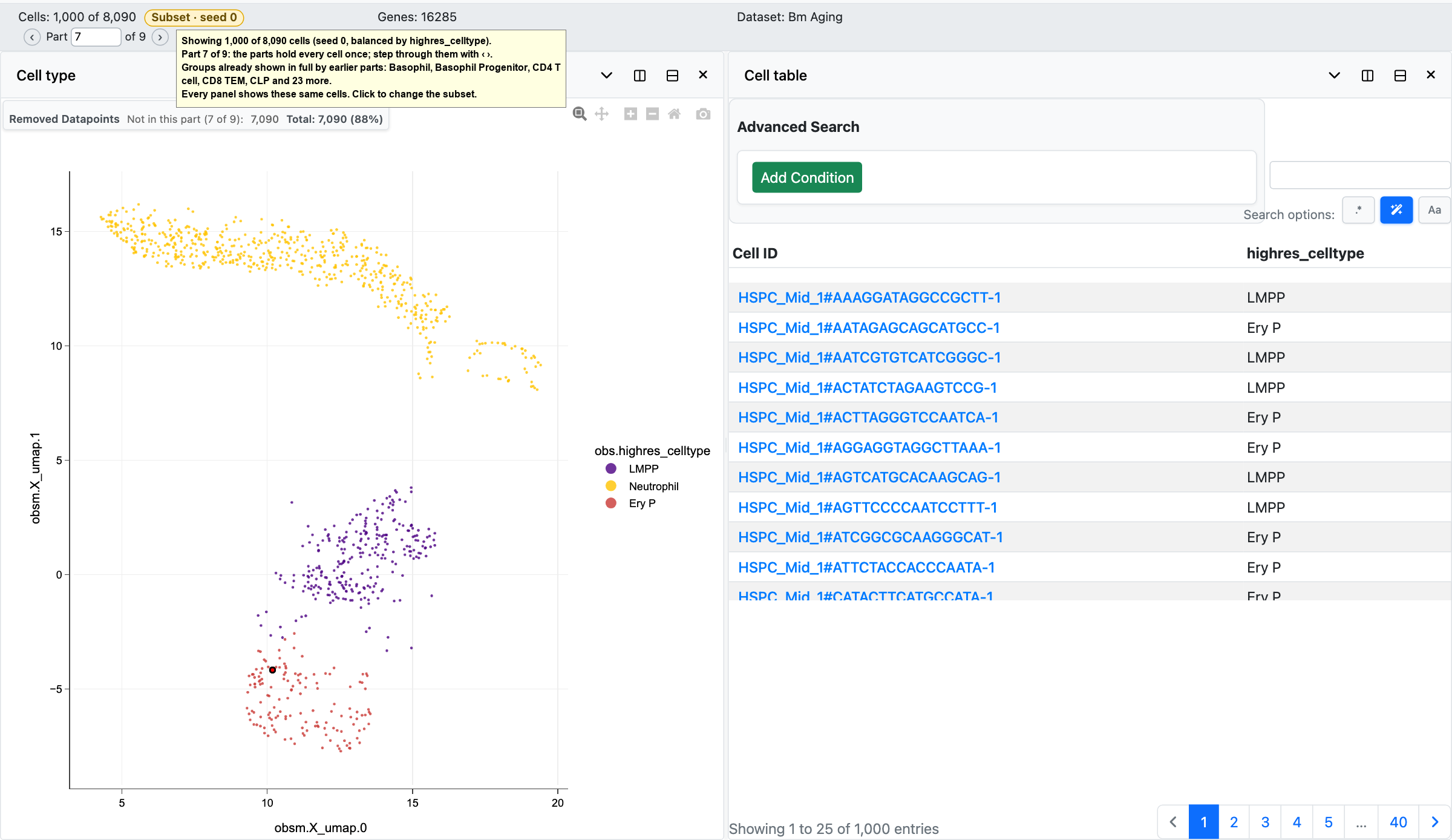 Part 7 of 9 of a subset balanced across highres_celltype: the UMAP shows only LMPP, Neutrophil and Ery P cells; the badge tooltip reads "Showing 1,000 of 8,090 cells (seed 0, balanced by highres_celltype). Part 7 of 9: the parts hold every cell once; step through them with ‹ ›. Groups already shown in full by earlier parts: Basophil, Basophil Progenitor, CD4 T cell, CD8 TEM, CLP and 23 more. Every panel shows these same cells. Click to change the subset."