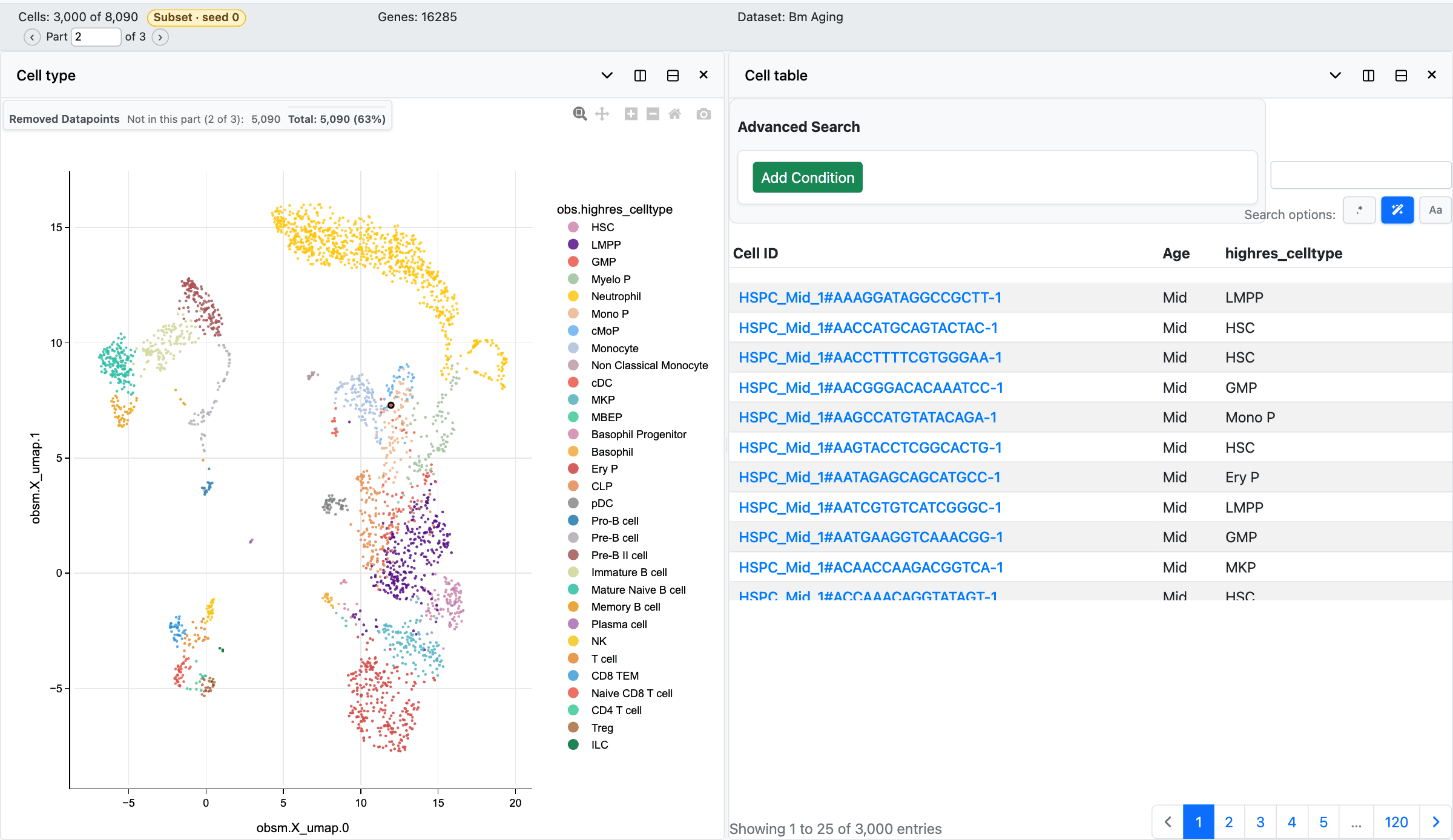 Part 2 of 3: the same UMAP and cell table with another 3,000 cells; the first table row is now HSPC_Mid_1#AAAGGATAGGCCGCTT-1, and the Removed Datapoints box reads Not in this part (2 of 3): 5,090.