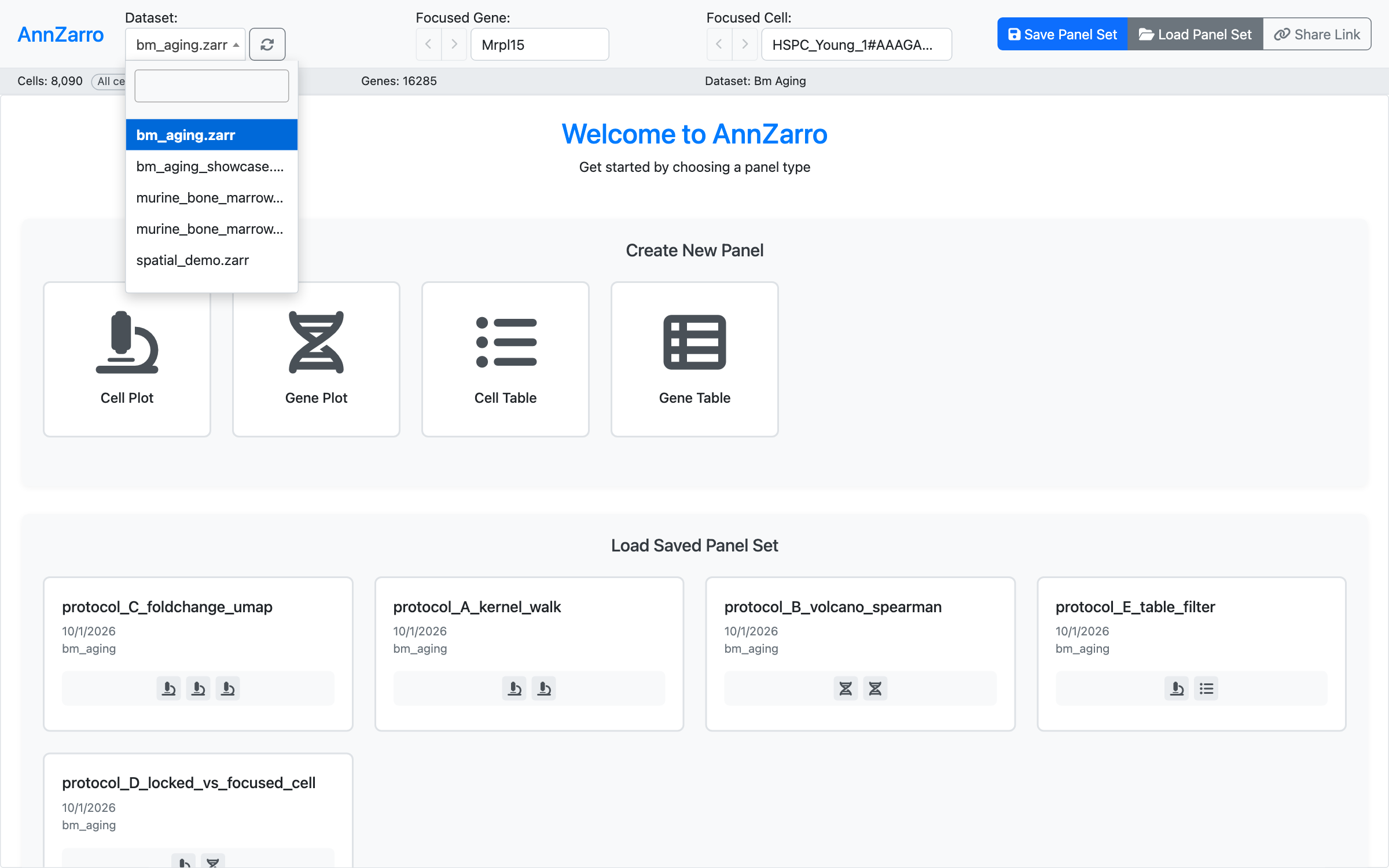 The AnnZarro Welcome tile with the Dataset picker open